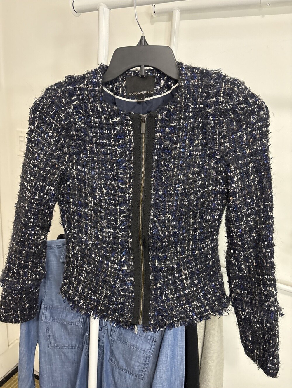 Banana Republic Blazer Womens 2 Blue Tweed Full Zip Long Sleeve